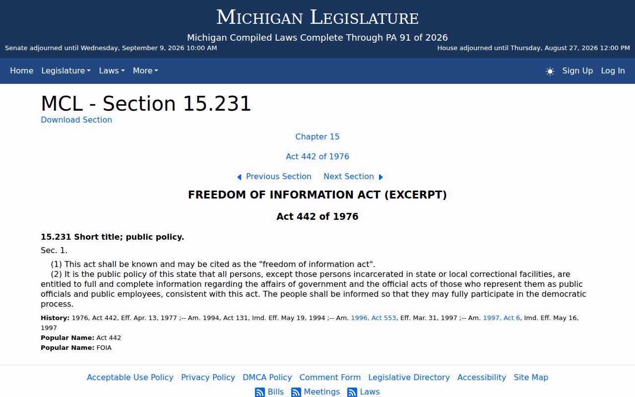 Hillsdale County court records image showing the Michigan FOIA statutory landing page