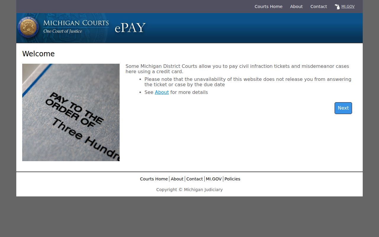 Hillsdale County traffic court records image showing the e.courts payment portal